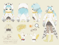 Rule 34 | 1girl, animal, anna (avona), black jacket, black shorts, blue eyes, blue hair, blush stickers, boots, bow, bowtie, braid, brown leggings, buttons, character name, character sheet, chibi, coat, commentary request, cross-laced footwear, cup, diamond mouth, double-breasted, eighth note, feather print, from behind, from side, full body, fur-trimmed boots, fur trim, glasses, gradient hair, green scarf, hat, hatsune miku, holding, holding magnifying glass, holding plant, holding wheat, jacket, lace-up boots, leggings, leggings under shorts, light blue hair, long hair, low twin braids, magnifying glass, mini hat, mini top hat, multicolored hair, multiple views, musical note, necktie, open mouth, owl hat, plant, rabbit, rabbit yukine, red bow, red bowtie, scarf, shorts, smile, solo focus, striped leggings, striped necktie, teeth, top hat, twin braids, twintails, two-sided coat, two-sided fabric, upper teeth only, vertical-striped leggings, very long hair, vocaloid, white coat, white hair, white headwear, yellow background, yellow jacket, yuki miku, yuki miku (2018) (applicant)