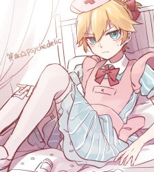 Rule 34 | 1boy, apron, aqua eyes, bed, blonde hair, blue dress, bottle, commentary, cross, crossdressing, dress, frown, hat, highres, kagamine len, knees up, looking at viewer, male focus, nurse, nurse cap, pink apron, pink thighhighs, short ponytail, sitting, solo, song name, soramame pikuto, striped clothes, striped dress, sweat, thighhighs, v-shaped eyebrows, vocaloid