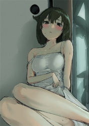 Rule 34 | 1girl, blush, breasts, brown hair, collarbone, hair between eyes, hiryuu (kancolle), indoors, kantai collection, lingerie, looking at viewer, medium breasts, negligee, nightgown, one side up, poco (backboa), short hair, solo, underwear