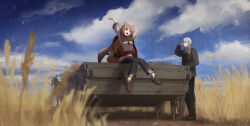 Rule 34 | 1boy, 1girl, :d, animal ears, arm behind head, arm up, beard, black cardigan, black pants, blue sky, blurry, blurry foreground, brown footwear, brown hair, cardigan, cart, closed mouth, cloud, craft lawrence, day, facial hair, full body, grey hair, highres, holo, horse, long hair, long sleeves, nekoreito, open mouth, outdoors, pants, pink shirt, red eyes, shirt, short hair, sitting, sky, smile, spice and wolf, standing, stretching, tail, very long hair, wheat, wolf ears, wolf girl, wolf tail