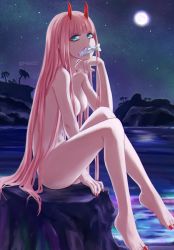 Rule 34 | 1girl, aqua eyes, barefoot, breasts, completely nude, darling in the franxx, feet, fish, fish in mouth, full body, full moon, highres, horns, long hair, looking at viewer, makii155, medium breasts, moon, mouth hold, nail polish, navel, night, night sky, nude, nudist, oni horns, outdoors, pink hair, red horns, rock, scenery, sitting, sky, solo, star (sky), starry sky, toenail polish, toenails, twitter username, water, zero two (darling in the franxx)