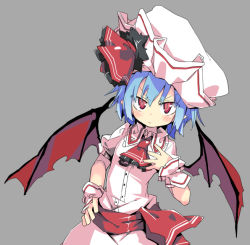 Rule 34 | 1girl, bat wings, blue hair, blush, commentary request, dress, grey background, hand on own chest, hand on own hip, hand up, hat, hat ribbon, looking at viewer, mob cap, noya makoto, pink dress, pink hat, pointy ears, red eyes, red neckwear, red ribbon, remilia scarlet, ribbon, short hair, short sleeves, simple background, slit pupils, solo, touhou, upper body, wings, wrist cuffs