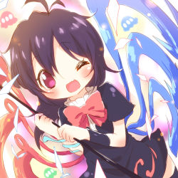 Rule 34 | 1girl, ;d, asymmetrical wings, ayakashi (monkeypanch), bad id, bad pixiv id, black dress, black hair, black thighhighs, blush, dress, fang, female focus, houjuu nue, one eye closed, open mouth, polearm, purple eyes, short hair, smile, snake, solo, thighhighs, touhou, weapon, wings, wink, wristband