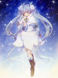 Rule 34 | 10s, 1girl, 2015, ahoge, boots, capelet, character name, cherry, flower, food, fruit, full body, hatsune miku, headset, highres, knee boots, lily of the valley, long hair, saku qq, snowflake print, snowing, solo, twintails, very long hair, vocaloid, yuki miku