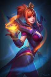 Rule 34 | 1girl, breasts, cleavage, cleavage cutout, clothing cutout, elbow gloves, elementalist lux, gloves, highres, league of legends, looking at viewer, lux (league of legends), magic, magma elementalist lux, medium breasts, orange hair, ponytail, red eyes, tagme