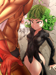 Rule 34 | 1boy, 1girl, abs, breasts, curvy, gloves, green eyes, green hair, hetero, highres, one-punch man, saitama (one-punch man), sereneandsilent, shiny skin, size difference, small breasts, tatsumaki, thighs
