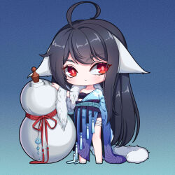 Rule 34 | 1girl, :/, absurdres, ahoge, animal ears, arm behind back, black hair, black tube top, blue background, blue dress, chibi, chinese clothes, dress, ears down, feather boa, fox ears, full body, gourd, gradient background, hanfu, highres, huyao xiao hongniang, kumu zaisheng, long dress, long hair, long sleeves, looking to the side, off shoulder, red eyes, solo, strapless, thigh strap, tube top, tushan yaya, very long hair, white footwear, wide sleeves