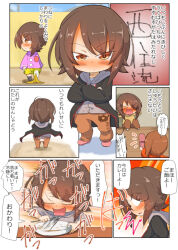 Rule 34 | &gt; &lt;, 2girls, ^^^, aged down, animal print, banana peel, black jacket, bowl, brown eyes, brown hair, brown pants, cat print, chibi, closed eyes, closed mouth, clothes writing, comic, commentary, commentary request, crossed arms, eating, english commentary, frown, girls und panzer, glaring, grey hoodie, half-closed eyes, highres, holding, holding clothes, holding footwear, holding spoon, hood, hood down, hoodie, jacket, jinguu (4839ms), kindergarten uniform, long sleeves, looking back, mixed-language commentary, motion blur, multiple girls, nishizumi maho, nishizumi miho, notice lines, open mouth, outdoors, outside border, pants, pink jacket, red shirt, shirt, short hair, siblings, sisters, sitting, skirt, slippers, spoon, tearing up, translation request, wind, yellow shirt, yellow skirt