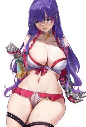 Rule 34 | 1girl, bikini, blue eyes, breasts, cameltoe, choker, cleavage, closed mouth, collarbone, cross, fate/grand order, fate (series), gauntlets, large breasts, long hair, looking away, martha (fate), martha (swimsuit ruler) (fate), mi35tututu, navel, purple hair, simple background, sitting, solo, stomach, swimsuit, wavy mouth, white background, white bikini, white choker
