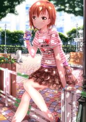 Rule 34 | 1girl, :o, bench, blush, bow, bracelet, brown eyes, brown hair, buckle, bush, buttons, clothes writing, cloud, dappled sunlight, day, fountain, heart, highres, jewelry, juice box, lamppost, long legs, misaka mikoto, necklace, pavement, robot, short hair, sitting, skirt, sky, solo, striped, sunlight, swordsouls, toaru majutsu no index, tree