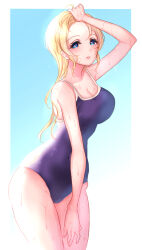 Rule 34 | 1girl, ayase eli, bad id, bad pixiv id, bikini, blonde hair, blue eyes, blush, breasts, hair down, large breasts, lichi (elielielichi 10), long hair, looking at viewer, love live!, love live! school idol project, parted lips, school swimsuit, sidelocks, smile, solo, swimsuit, wet
