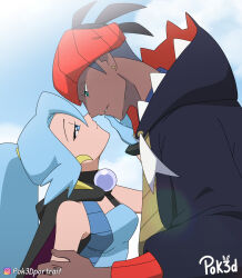 Rule 34 | 1boy, 1girl, absurdres, artist logo, blue bodysuit, blue eyes, blue gloves, blue hair, blue sky, bodysuit, clair (pokemon), commission, creatures (company), dark-skinned male, dark skin, earrings, eye contact, from side, game freak, gloves, height difference, hetero, highres, hood, hoodie, imminent kiss, jewelry, looking at another, nintendo, pok3d, pokemon, pokemon hgss, pokemon swsh, ponytail, raihan (pokemon), sky, trait connection