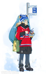 absurdres alternate_costume aqua_eyes aqua_hair aurahack bag beanie black_coat black_footwear blue_hat blue_pants boots brown_hair bus_stop canada coat cup disposable_cup drinking_straw eating fleur-de-lis fork full_body fur-trimmed_coat fur_trim gradient_hair hat hatsune_miku highres holding holding_fork jersey long_hair montreal_canadiens multicolored_hair national_hockey_league pants pepsi pom_pom_(clothes) pom_pom_beanie poutine shopping_bag soda standing twintails vocaloid winter_clothes worldwide_miku