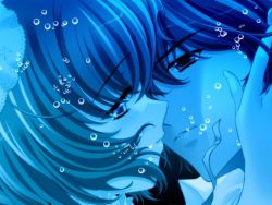 Rule 34 | 1boy, 1girl, blue theme, bubble, close-up, eye contact, game cg, hand on another&#039;s face, looking at another, quilt, quilt (game), short hair, sia (quilt), sugiyama genshou, takumi (quilt), underwater