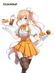 Rule 34 | 1girl, alternate hair color, badge, blue eyes, blush, bow, bowtie, breasts, brown thighhighs, cake, cake slice, center frills, closed mouth, closers, coffee, collared shirt, copyright name, cowboy shot, cup, cupcake, doughnut, drinking glass, floating hair, flying sweatdrops, food, frills, garter straps, gloves, hair bow, hands up, high-waist skirt, highres, holding, holding plate, ice cream, ice cream float, lace, lace-trimmed thighhighs, leg up, logo, long hair, looking at viewer, mary janes, miniskirt, official art, orange bow, orange bowtie, orange footwear, orange hair, orange skirt, plate, pleated skirt, ponytail, puffy short sleeves, puffy sleeves, seulbi lee, shirt, shoes, short sleeves, sidelocks, skirt, small breasts, smile, solo, standing, standing on one leg, strawberry cake, suspender skirt, suspenders, thighhighs, underbust, v-shaped eyebrows, very long hair, waitress, white background, white gloves, white shirt, zettai ryouiki