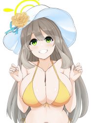 Rule 34 | 1girl, between breasts, bikini, blue archive, blush, breasts, chocolate, cleavage, food, green eyes, grey hair, grin, halo, hands up, hat, highres, large breasts, long hair, navel, nonomi (blue archive), parted lips, pocky, smile, solo, swimsuit, teeth, upper body, vik (xypt7474), white hat, yellow bikini