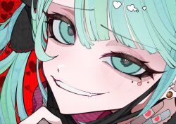 Rule 34 | 1girl, aqua eyes, aqua hair, bandaid, bandaid on neck, close-up, commentary, ear piercing, facial mark, fang, grin, hatsune miku, heart, heart facial mark, long hair, looking at viewer, manegi, mask, mask pull, mouth mask, open mouth, piercing, raised eyebrow, smile, solo, twintails, vampire (vocaloid), vocaloid