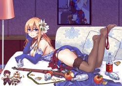 Rule 34 | 1girl, absurdres, apple, black thighhighs, blonde hair, blue dress, blue eyes, blue gloves, bolt action, bottle, breasts, bullet, clip (weapon), dress, elbow gloves, feet up, flower, food, fruit, garter belt, girls&#039; frontline, gloves, gun, hair flower, hair ornament, highres, jewelry, long hair, lying, medium breasts, mosin-nagant, mosin-nagant (girls&#039; frontline), mosin-nagant (moonlit ocean) (girls&#039; frontline), necklace, official alternate costume, on stomach, panties, unworn panties, red panties, rifle, sleeveless, sleeveless dress, solo, the pose, thighhighs, underwear, weapon, white flower, z.s.w.