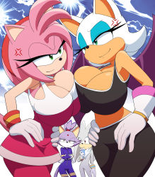Rule 34 | 1boy, 3girls, amy rose, anger vein, animal ears, blaze the cat, breast comparison, breast press, breasts, comparison, drinking straw, gloves, highres, huge breasts, kojiro-brushard, large breasts, multiple girls, pink hair, rivalry, rouge the bat, silver the hedgehog, skirt, smile, sonic (series), sportswear, tail, white hair