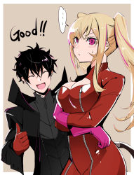 Rule 34 | ..., 1boy, 1girl, amamiya ren, amamiya ren (cosplay), arms under breasts, black hair, black jacket, blush, bodysuit, breasts, brother and sister, cat tail, cleavage, cleavage cutout, closed eyes, closed mouth, clothing cutout, commentary request, cosplay, cowboy shot, crossed arms, doromame, fake tail, frown, fukuyama jun, gloves, hair between eyes, jacket, large breasts, long hair, long sleeves, nakiri asahi, nakiri erina, open mouth, persona, persona 5, pink gloves, red bodysuit, red gloves, shokugeki no souma, short hair, siblings, smile, tail, takamaki anne, takamaki anne (cosplay), thumbs up, twintails, voice actor connection, zipper pull tab