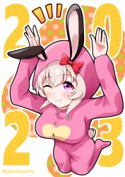Rule 34 | 1girl, 2023, ;), absurdres, animal ears, animal hood, arms up, bow, breasts, brown hair, chinese zodiac, closed mouth, curren chan (umamusume), ear bow, fake animal ears, full body, goom (goomyparty), hair between eyes, heart, highres, hood, hood up, kneeling, looking at viewer, medium breasts, no shoes, notice lines, one eye closed, onesie, outline, purple eyes, rabbit ears, rabbit hood, rabbit pose, rabbit tail, red bow, smile, solo, tail, twitter username, umamusume, white outline, year of the rabbit