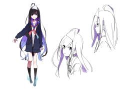 Rule 34 | &gt;:), 1girl, ahoge, black hair, black jacket, black socks, blue eyes, blush, closed mouth, colored inner hair, commentary request, ghost, highres, jacket, kneehighs, long sleeves, looking at viewer, multicolored hair, multiple views, neckerchief, no shoes, original, puffy long sleeves, puffy sleeves, purple hair, purple sailor collar, red neckerchief, sailor collar, shirt, simple background, sleeves past wrists, smile, socks, standing, tama (tama-s), triangular headpiece, two-tone hair, v-shaped eyebrows, white background, white shirt, yurako-san (tama)