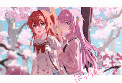 Rule 34 | 2girls, absurdres, bag, blue eyes, bocchi the rock!, bow, brown eyes, cherry blossoms, day, gotoh hitori, hair between eyes, highres, jacket, kita ikuyo, long hair, long sleeves, looking at viewer, multiple girls, open mouth, outdoors, pink hair, red bow, red hair, sailor collar, sanmu, school bag, school uniform, side ponytail, smile, track jacket