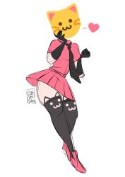 Rule 34 | 1girl, animal ear legwear, arms up, black gloves, black necktie, black thighhighs, cat ear legwear, christina guo, commentary, contrapposto, elbow gloves, emoji, english commentary, full body, gloves, hand on own face, heart, highres, necktie, original, pink footwear, pink shirt, pink skirt, pleated skirt, shirt, short sleeves, skirt, solo, spoken heart, standing, thighhighs
