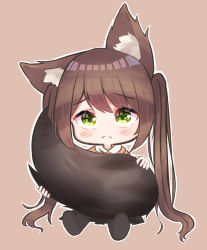 Rule 34 | 1girl, animal ear fluff, animal ears, black legwear, black skirt, blush stickers, brown background, brown hair, brown shirt, chibi, closed mouth, collared shirt, commentary, frown, full body, green eyes, hair between eyes, holding tail, long hair, looking at viewer, no shoes, original, romaji commentary, shiro (acad1213), shirt, simple background, sitting, skirt, soles, solo, tail, very long hair