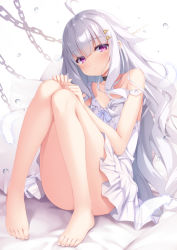 Rule 34 | 1girl, ahoge, bare legs, bare shoulders, barefoot, black choker, blue ribbon, blunt bangs, blush, chain, choker, closed mouth, collarbone, commentary request, convenient leg, dress, feathers, feet, full body, hair ornament, hairclip, highres, knees up, legs, long hair, looking at viewer, original, purple eyes, revision, ribbon, short dress, silver hair, simple background, sitting, sleeveless, sleeveless dress, solo, strap slip, sundress, tomifumi, very long hair, water drop, white background, white dress