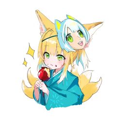 Rule 34 | 1girl, alternate costume, animal ear fluff, animal ears, arknights, blonde hair, blue kimono, candy apple, commentary request, food, food on face, fox ears, fox girl, fox tail, green eyes, highres, holding, holding food, japanese clothes, kimono, kitsune, kyuubi, long sleeves, mask, mask on head, multicolored hair, multiple tails, sankichi (croquette crab), short hair, simple background, solo, sparkle, suzuran (arknights), tail, two-tone hair, upper body, white background, white hair, wide sleeves