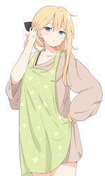 Rule 34 | 1girl, adjusting clothes, apron, baggy clothes, blonde hair, blue eyes, blush, collarbone, cowboy shot, dress, gabriel dropout, hair ribbon, tucking hair, heart, heart print, highres, long hair, off-shoulder dress, off shoulder, aged up, piyomi, ribbon, solo, gabriel tenma white, white background