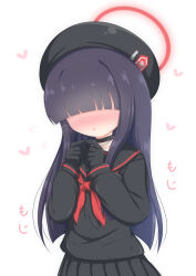 Rule 34 | 1girl, :o, black choker, black gloves, black hat, black sailor collar, black shirt, black skirt, blue archive, blush, choker, commentary request, facing viewer, flying sweatdrops, gloves, hair over eyes, halo, hands up, hat, heart, highres, hosizora mikoto, justice task force member (blue archive), long hair, long sleeves, neckerchief, playing with own hair, pleated skirt, red neckerchief, sailor collar, shirt, sidelocks, skirt, solo, white background