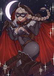Rule 34 | 1girl, ahoge, ass, bag, black cape, black footwear, black gloves, blue bodysuit, blue eyes, bodysuit, boots, braid, breasts, cape, chain, chest harness, cleavage, commission, commissioner upload, crescent moon, earrings, feathers, fire emblem, fire emblem fates, fire emblem heroes, gem, gloves, gold chain, harness, highres, hiomaika, holding, holding cape, holding clothes, hood, hooded cape, jewelry, key, keyring, leather bag, leather belt, looking at viewer, low twintails, mask, medium breasts, moon, night, night sky, nina (fire emblem), nintendo, non-web source, o-ring, parted bangs, red cape, ribbon, satchel, skin tight, sky, smile, thigh boots, tongue, tongue out, turtleneck, twin braids, twintails, two-tone bodysuit, two-tone cape, white hair