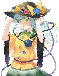 Rule 34 | 1girl, blue hair, blush, bow, c i an, diamond (shape), dress, falling petals, flower, frilled sleeves, frills, green eyes, green skirt, hat, heart, highres, holding, holding clothes, holding hat, komeiji koishi, long hair, open mouth, petals, rose, simple background, skirt, solo, third eye, touhou, white background, yellow bow, yellow dress