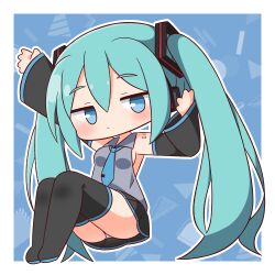 Rule 34 | 1girl, aqua hair, arm up, ass, bare shoulders, black footwear, black skirt, black sleeves, blue background, blue eyes, blue necktie, blush, boots, breasts, chibi, closed mouth, collared shirt, detached sleeves, full body, grey shirt, hair between eyes, hana kazari, hand up, hatsune miku, headphones, highres, long sleeves, looking at viewer, necktie, outline, outstretched arm, panties, pleated skirt, shirt, skirt, sleeveless, sleeveless shirt, sleeves past wrists, small breasts, solo, thick eyebrows, thigh boots, tie clip, twintails, underwear, vocaloid, white outline, white panties, wide sleeves