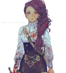 Rule 34 | 1girl, 91007, arms at sides, artist name, ascot, black skirt, blood, blood on clothes, blood on face, blood on hands, braid, breasts, brown eyes, commentary request, eyelashes, eyeliner, facial mark, fire emblem, fire emblem: three houses, garreg mach monastery uniform, high-waist skirt, highres, long hair, long sleeves, makeup, medium breasts, miniskirt, nintendo, petra macneary, pink eyeliner, purple hair, shirt, simple background, single braid, skirt, solo, standing, twitter username, white ascot, white background, white shirt