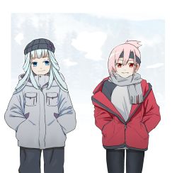 Rule 34 | 2girls, beanie, black headwear, black pants, blue background, blue eyes, blue hair, breast pocket, breast pockets, chizuru (madoka magica), contemporary, cowboy shot, flower, grey jacket, grey scarf, grey shirt, grin, hair between eyes, hands in pockets, hat, hat flower, headband, hood, hooded jacket, jacket, light blue hair, long hair, long sleeves, looking at another, looking at viewer, magia record: mahou shoujo madoka magica gaiden, mahou shoujo madoka magica, mizuna tsuyu, multiple girls, outline, pants, partially unzipped, pink hair, pocket, ponytail, red eyes, red jacket, scarf, shirt, short hair, short ponytail, sidelocks, single sidelock, smile, sonohi210, white outline, zipper