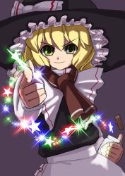 Rule 34 | &gt;:), 1girl, apron, ascot, black dress, blonde hair, closed mouth, cowboy shot, dress, female focus, frills, hat, kirisame marisa, looking at viewer, pointing, pointing at viewer, smirk, solo, sparkle, star (symbol), touhou, v-shaped eyebrows, waist apron, witch hat