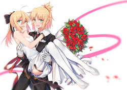 Rule 34 | 2girls, :d, absurdres, ahoge, artoria pendragon (all), artoria pendragon (fate), bare shoulders, black bow, black pants, blonde hair, blurry, blush, bouquet, bow, braid, breast pocket, breasts, carrying, choker, cleavage, cowboy shot, depth of field, dress, fang, fate/apocrypha, fate (series), flower, formal, french braid, full body, gem, gloves, green eyes, hair between eyes, hair bow, hand on another&#039;s shoulder, highres, incest, looking at viewer, mordred (fate), mordred (fate/apocrypha), mordred (formal dress) (fate), mother and daughter, multiple girls, open mouth, pants, petals, pink ribbon, pocket, ponytail, princess carry, red flower, red rose, ribbon, rose, rose petals, saber lily, short hair, simple background, small breasts, smile, standing, strapless, strapless dress, suit, thighhighs, wedding dress, white background, white choker, white dress, white footwear, white gloves, white legwear, wife and wife, yorukun, yuri