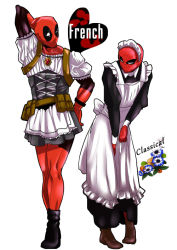 Rule 34 | 2boys, abs, alternate costume, arm behind head, arm up, belt pouch, black footwear, black skirt, brown footwear, colored skin, deadpool, deadpool (series), english text, enmaided, eye contact, flower, hand on own hip, looking at another, maid, maid headdress, male focus, marvel, masiro, mask, multiple boys, pouch, red skin, skirt, spider-man, spider-man (series), standing, trait connection