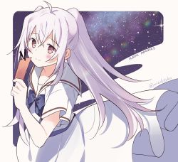 Rule 34 | 1girl, ahoge, blue ribbon, closed mouth, commentary request, copyright name, dress, hand up, highres, isla (plastic memories), long hair, mizuki toko, neck ribbon, plastic memories, purple eyes, ribbon, sailor collar, sailor dress, shirt, short sleeves, smile, solo, space, twintails, white dress, white hair, white shirt