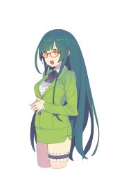 Rule 34 | 1girl, :d, absurdres, blouse, blue bow, blue bowtie, bow, bowtie, bridal garter, brown eyes, collared shirt, copyright request, cowboy shot, cropped legs, enkyo yuuichirou, from side, glasses, green hair, green jacket, green skirt, highres, jacket, long hair, long sleeves, miniskirt, open mouth, own hands together, pencil skirt, red-framed eyewear, shirt, simple background, skirt, smile, solo, standing, steepled fingers, very long hair, vocaloid, white background, white shirt, wing collar