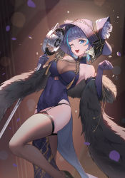 Rule 34 | 1girl, ;d, absurdres, aqua eyes, aqua hair, azur lane, black hair, black hat, blunt bangs, breasts, cheshire (azur lane), cheshire (cait sith crooner) (azur lane), china dress, chinese clothes, cleavage, covered navel, dress, elbow gloves, feather boa, flower, garter straps, gloves, hat, hat flower, highres, holding, holding microphone stand, knee up, lace, lace-trimmed gloves, lace trim, looking at viewer, microphone, microphone stand, multicolored hair, official alternate costume, one eye closed, open mouth, paw pose, purple dress, purple gloves, see-through, see-through cleavage, see-through legwear, skindentation, smile, solo, standing, streaked hair, thighhighs, two-tone hair, yun (user367624)