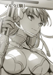 Rule 34 | 1girl, aoba (smartbeat), breasts, capelet, center opening, cleavage, closed mouth, fate/grand order, fate (series), gauntlets, greyscale, hair ribbon, highres, large breasts, long hair, looking at viewer, martha (fate), monochrome, ribbon, smile, solo, staff, translation request