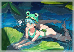 Rule 34 | 1boy, ?, aqua eyes, aqua one-piece swimsuit, ass, bare back, blue hair, frog, goggles, goggles on head, horizontal pupils, lily pad, lying, male focus, mubo, one-piece swimsuit, open mouth, original, speech bubble, spread legs, swim cap, swim goggles, swimsuit, trap, water, wetland