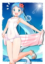 Rule 34 | 10s, artist name, bare legs, bare shoulders, blanket, blue eyes, blue hair, commentary request, day, flower, hair between eyes, hair flower, hair ornament, kantai collection, light rays, long hair, one-piece swimsuit, outdoors, samidare (kancolle), sandals, school swimsuit, smile, solo, sun, sunbeam, sunlight, swimsuit, white school swimsuit, white one-piece swimsuit, yokoshima (euphoria)