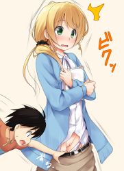 Rule 34 | 1boy, 1girl, accidental exposure, accidental pervert, age difference, assisted exposure, belt, black hair, blonde hair, blush, cleft of venus, clothes pull, ellen baker, embarrassed, green eyes, haryuu (poetto), highres, itou kouta, new horizon, panties, pantsing, panty pull, paper stack, pussy, scrunchie, skirt, skirt pull, surprised, uncensored, underwear, wavy mouth