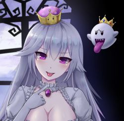 Rule 34 | 1girl, absurdres, black eyes, blush, breasts, brooch, cleavage, close-up, danraz0r, dress, genderswap, genderswap (mtf), ghost, gloves, hair between eyes, hand on own chest, highres, indoors, jewelry, king boo, large breasts, long hair, looking at viewer, luigi&#039;s mansion, mario (series), new super mario bros. u deluxe, night, nintendo, princess king boo, puffy short sleeves, puffy sleeves, purple eyes, sharp teeth, short sleeves, silver hair, solo, super crown, teeth, tongue, tongue out, upper body, white dress, white gloves, window