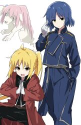 Rule 34 | 3girls, absurdres, ahoge, amestris military uniform, as buppa, belt, black jacket, blonde hair, blue hair, blue jacket, blue pants, bocchi the rock!, brown belt, coat, collared jacket, commentary request, cosplay, cube hair ornament, dog, edward elric, edward elric (cosplay), fullmetal alchemist, gloves, gotoh hitori, hair ornament, hand in pocket, highres, ijichi nijika, jacket, long hair, long sleeves, magic circle, military jacket, military uniform, multiple girls, one side up, open clothes, open coat, own hands together, palms together, pants, pink hair, red coat, roy mustang, roy mustang (cosplay), short hair, shou tucker&#039;s chimera, shou tucker&#039;s chimera (cosplay), side ponytail, simple background, snapping fingers, uniform, white background, white gloves, yamada ryo, yellow eyes